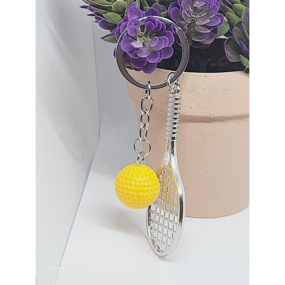 Handmade Tennis Racket Ball Keychain Silver Tone Yellow Charm Women Accessory‎